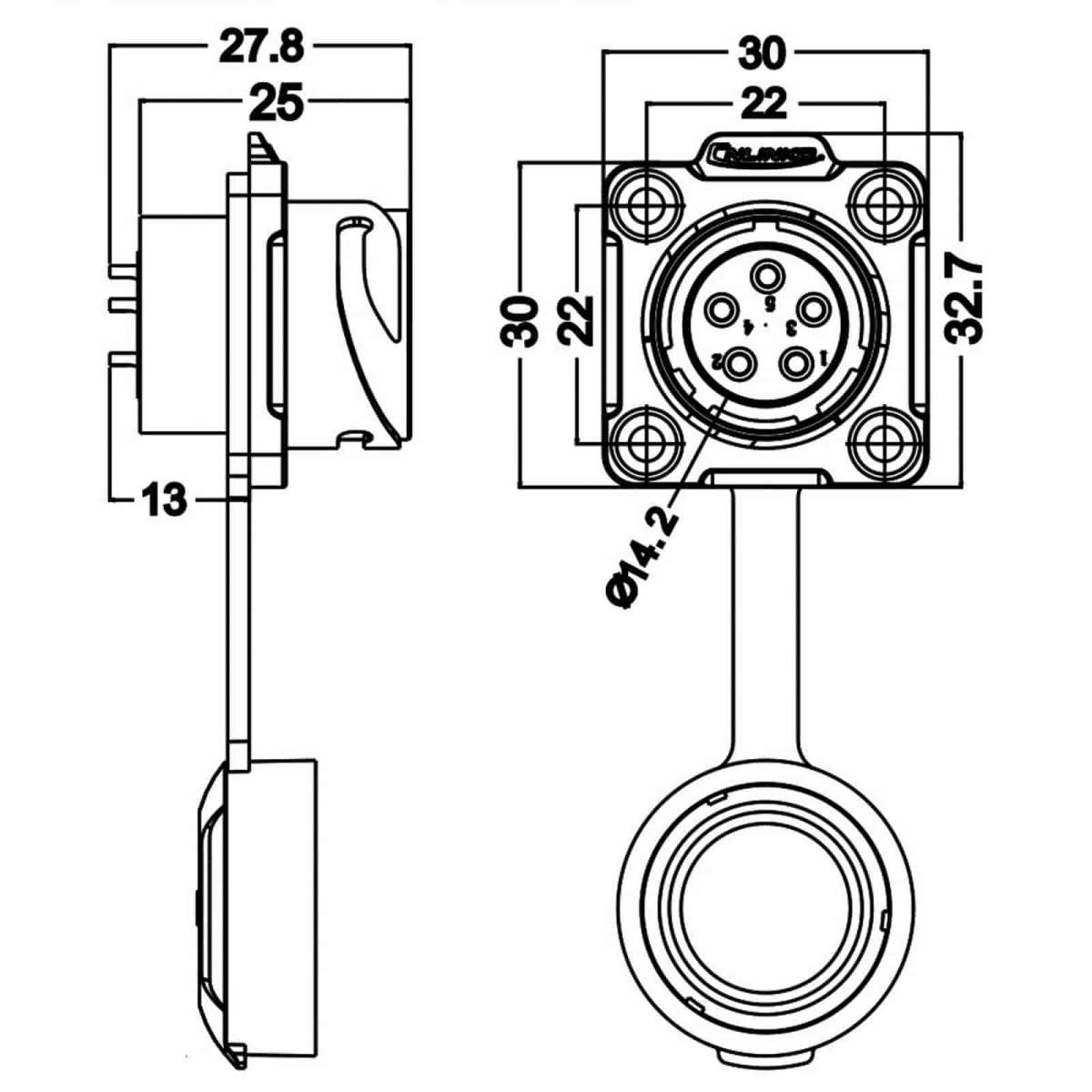 DH-20 power connector M20 5-pin female chassis square 500 V 12 A IP67 with barrier
