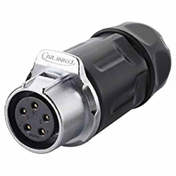 CNLINKO LP-20 series. 5 pin female cable connector M20 with push button locking. Waterproof IP certified 5 pin M20 industrial circular connector female for max. 500 volts and 12 amps.