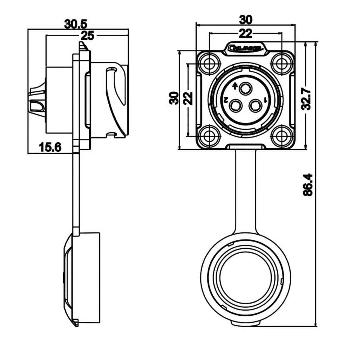 DH-20 power connector M20 3-pin female chassis square 500 V 20 A IP67 with barrier + metal cap